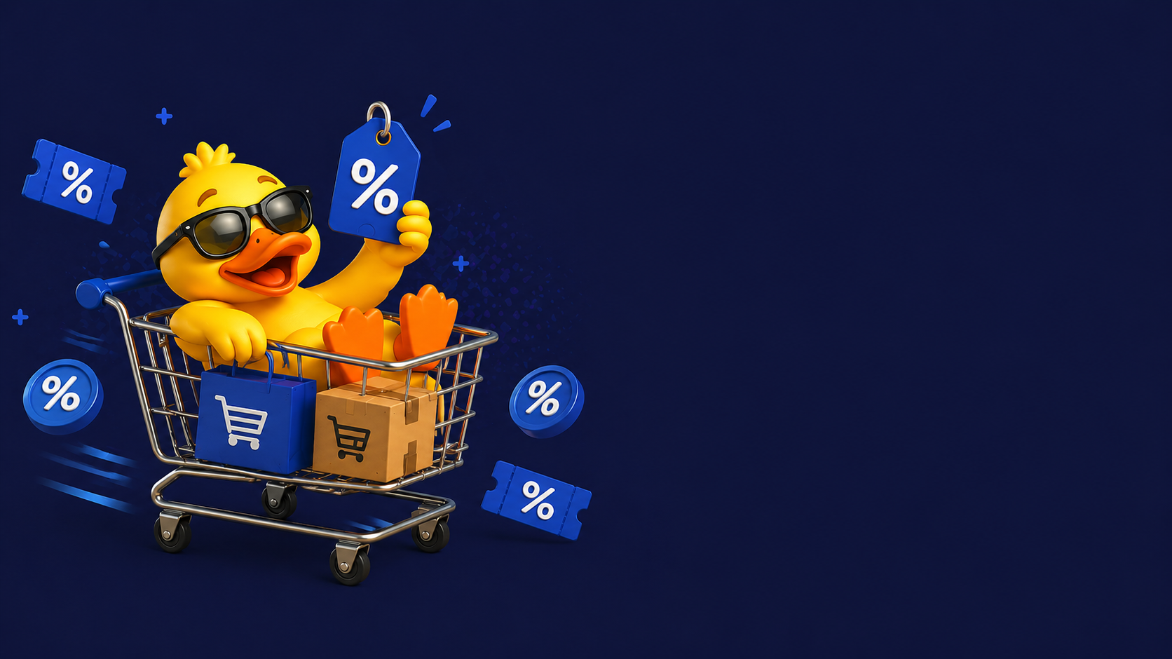 Cartoon duck with sunglasses pushing a shopping cart filled with items on a dark blue background with discount tags.