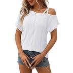 European and American one shoulder short sleeved T-shirt hollowed out top for women